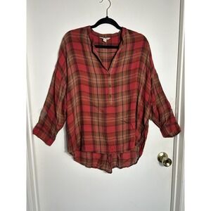 Lucky Brand Plaid Henley Blouse Top L Red Brown Viscose 3/4 Sleeve Boho Tunic